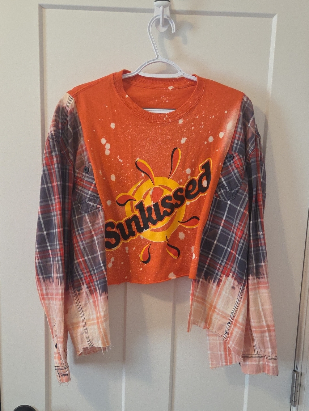 One Of A Kind!!!!! Sunkissed Orange Graphic Crop Top with Plaid Sleeves